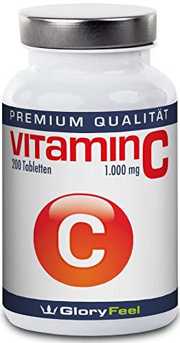 Vitamin C Hochdosiert 1000 mg - Der VERGLEICHSSIEGER 2017* - 200 Tabletten für bis zu 7 Monate - 1000mg reines Vitamin C pro Veganer Tablette Ohne Magnesiumstearate - Nahrungsergänzung von GloryFeel