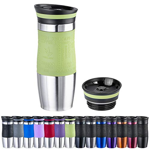 WELLGRO Thermobecher 400 ml + 1 Extradeckel - Edelstahl rostfrei - Silikon Soft-Touch Griffstück - BPA-frei - Isolierbecher doppelwandig - Travel Mug - Kaffeebecher to go, Farbe:Grün