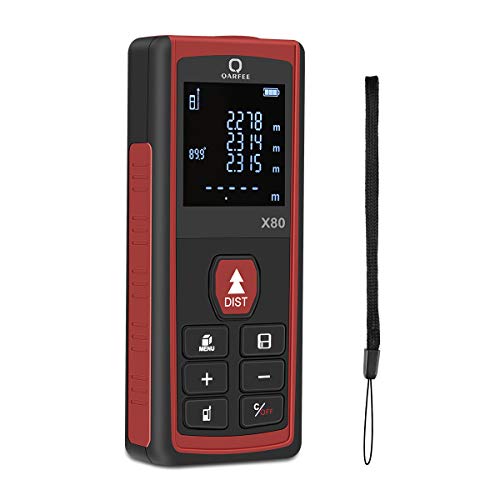 Qarfee Digitaler 80M Laser Entfernungsmesser, Laser Messgerät Distanzmesser und LCD-Hintergrundbeleuchtung, Entfernungsmesser mit 2 Level Blasen Messeinheit m/in/ft,IP54,2 x 1.5 V AAA-Batterie (80M)