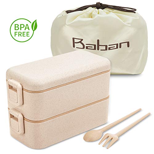 Baban Lunchbox, zweifach versiegelte Brotdose mit Gabel, Löffel und Tasche, geeignet für Schule, Büro, Picknick, aus Weizenstroh, einsetzbar in Mikrowelle, Geschirrspüler, abbaubar, BPAfrei