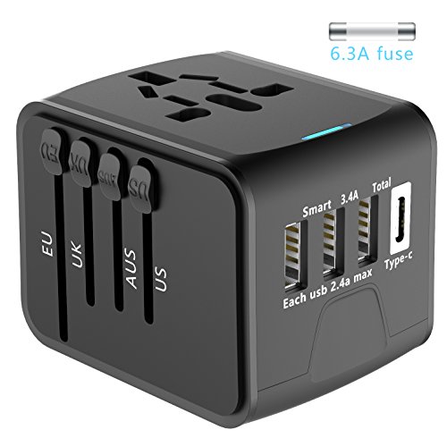 EXTSUD Universal Reiseadapter Reisestecker mit 3 USB Ports und Type C International Ladegerät Sicherheit AC Steckdose mit Ersatz Sicherung für Weltweit Reisen in US,UK,EU,AU,Asien Über 170 Ländern