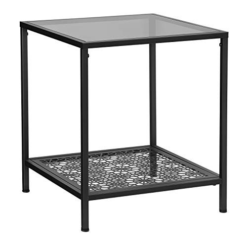 SONGMICS Glas-Beistelltisch mit Blumenverzierung, Couchtisch, Sofatisch, Glastisch mit Ablage, robustes Hartglas, stabil, dekorativ, Wohnzimmer, Schlafzimmer, Balkon, Metall, schwarz LGT01BK