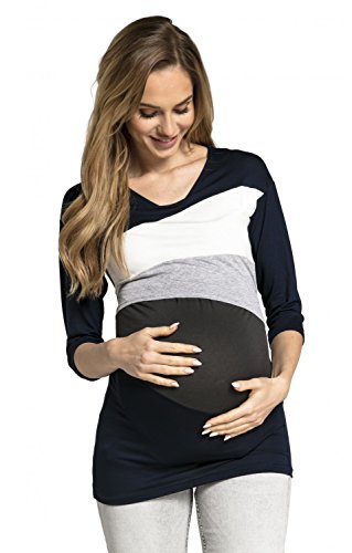 Happy Mama. Damen Still Umstands-Top Lagendesign Farbblock-Design 3/4 Ärmel 217p (Nnicht-Gerade Weiss & Hellgraue Melange, EU 36, S)