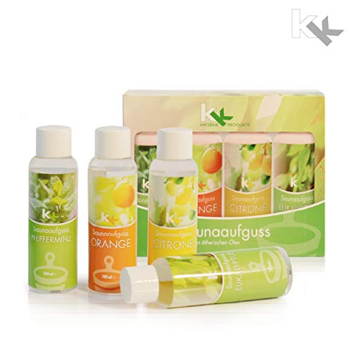 Saunaaufguss Set | KK Saunakonzentrat | 4 x 100 ml/Flasche | Saunaduftset | Geschenkbox | Sauna Set |