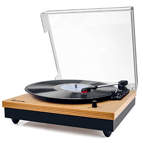 Vinyl Plattenspieler,Popsky Bluetooth tragbaren Vinyl Plattenspieler Turntable und Digital Encoder mit Lautsprecher Riemenantrieb Aux-In RCA 33/45/78 U/min - natürliches Holz