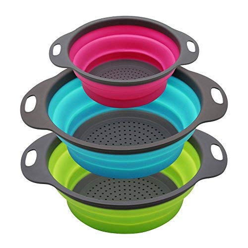 Philiwin 3-teiliges Küchensieb-Set, zusammenklappbar, zwei 1,9 Liter Siebe und ein 3,8 Liter Sieb, ideal zum Abtropfen von Nudeln, Gemüse, Obst (Grün, Blau, Violett)