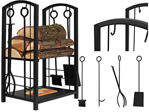 Holzkorb mit Kaminbesteck Korb Besteck Kaminzubehör schwarz Edelstahl 8785