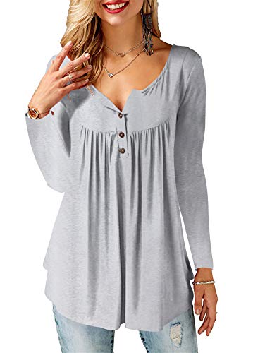 AMORETU T-Shirt Damen Ärmellos V-Ausschnitt Knopfleiste Bluse Solide Tunika Sommer Tops , Langarm-grau, L/DE 46-48