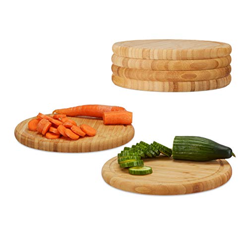 Relaxdays Frühstücksbrettchen 6er Set, Bambus, rund, 25 cm, Küchenbrett, pflegeleicht, natürlich, messerschonend, natur