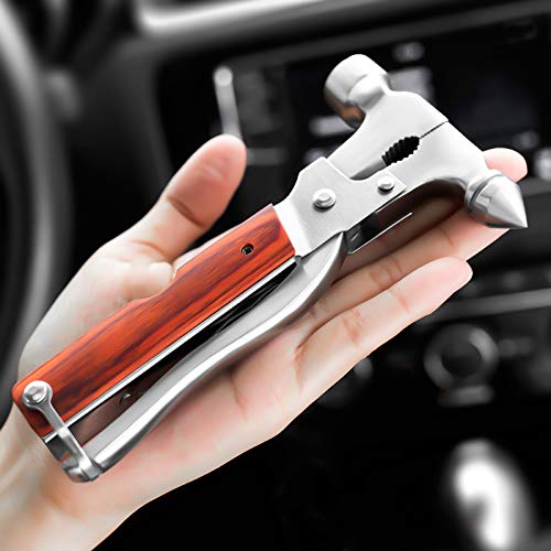 BESTT Multifunction Notfallhammer fürs Auto 2 Verschiedene Hammerköpfe mit Taschenlampe Gurtmesser Zange Schraubendreher, Guter Partner für Reisen