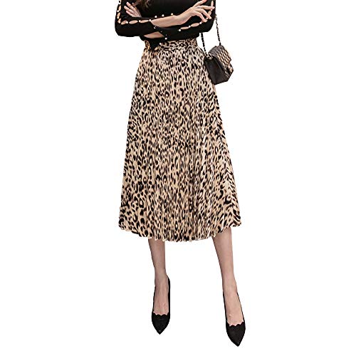 QJKai Mittellanger Rock weiblicher Herbst und Winter Satinkleid elastischer Bund Faltenrock Leopard A-Linie Rock