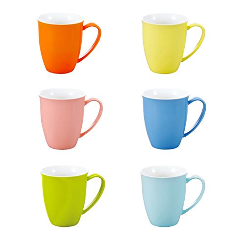 Panbado, 6er Set Porzellan Tassen, 375 ml Kaffeetasse, Becherset, Kaffeebecher, Frühstück Mug, Teetasse in 6 Farben