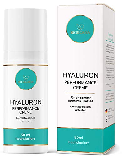 EINFÜHRUNGSPREIS: Bioscara Hyaluron Performance Creme 50ml hochdosiert I Hyaluronsäure Anti Aging Creme mit Vitamin E Collagen Peptiden und Astaxanthin für ein sichtbar strafferes Hautbild