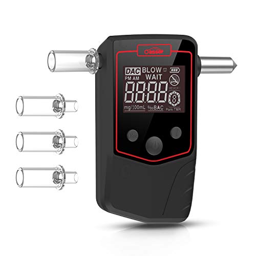 Oasser Alkoholtester Tragbar Halbleiter Sensor Alkoholmessgerät Test Alkohol Intelligentes LCD-Bildschirm Uhrzeitanzeige mit eingebautem Notfall Hammer und 4 Mundstücken Verpackung MEHRWEG