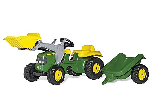 Rolly Toys 023100 rollyKid John Deere | Trettraktor mit Lader und Anhänger | Traktor mit Motorhaube zum Öffnen | Schauffellader/Frontlader für Kinder ab 2,5 Jahren | Farbe grün