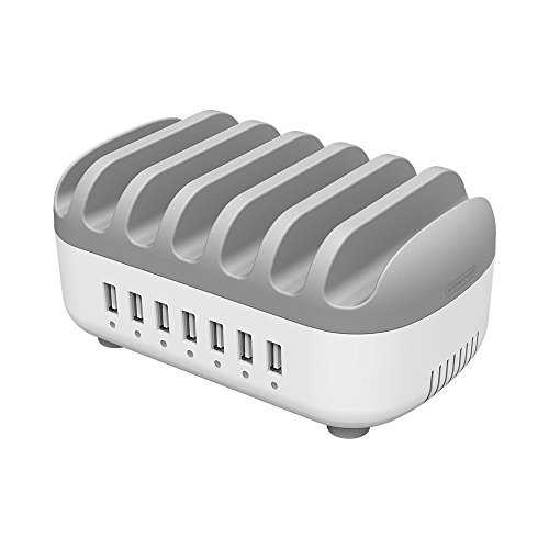 NTONPOWER USB Ladestation Mehrere Geräte 7-Port Multi USB Ladegerät Universell für iPad Tablet iPhone Handy Kindle mit Halterung Ladegeraet Station 14A 5V– Grau(MEHRWEG)