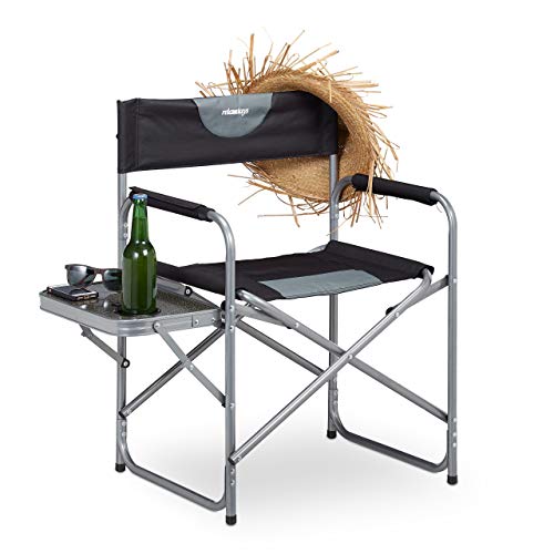 Relaxdays Regiestuhl, klappbarer Campingstuhl für Garten, Festival & Angeln, Tisch mit Getränkehalter, schwarz