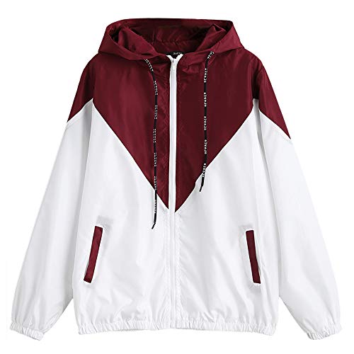 ZAFUL Damen Herbst Lässig Sport Langarm Patchwork Kapuze Windbreaker Jacken Outwear Reißverschluss Mantel(Rot-Weiss S)