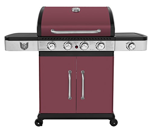 Maxxus Gasgrill BBQ Chief Lava 4+1 - Grillwagen in Rot - attraktives Design -  4 Edelstahl-Brenner, 1 Seitenbrenner und Gusseisen Grillrost