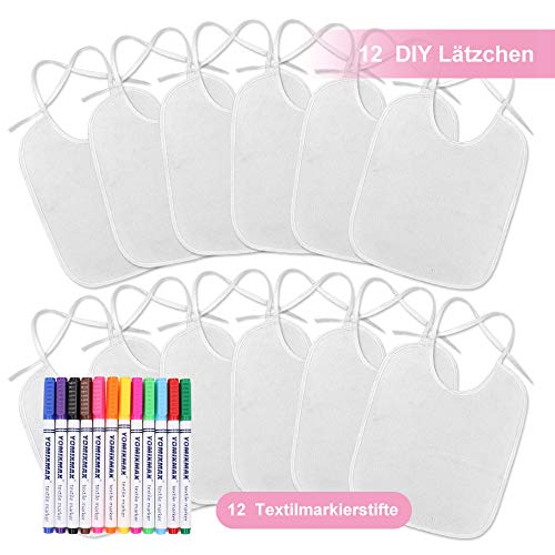 Ealirie Baby Weiße Lätzchen zum Bemalen Ideal zum Selbst Gestalten und Bemalen 12 Stück Lätzchen Textilstiften 26x30cm