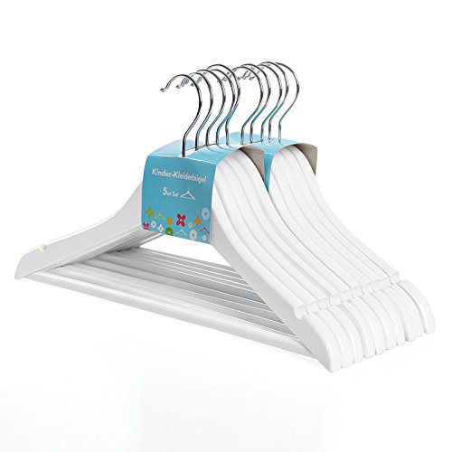 Songmics Kinder-Kleiderbügel aus Holz, 20 Stück, mit Steg, mit Kerben, 360° drehbarer Haken, Weiß, 35 cm CRW06W-20