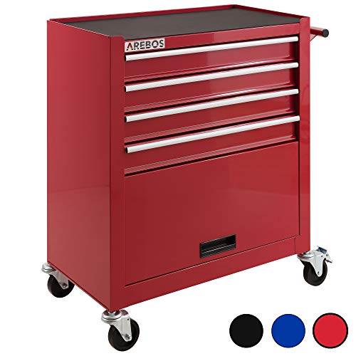 Arebos Werkstattwagen 4 Fächer + großes Fach/mit Antirutschmatten / 2 Rollen mit Festellbremse (Rot)