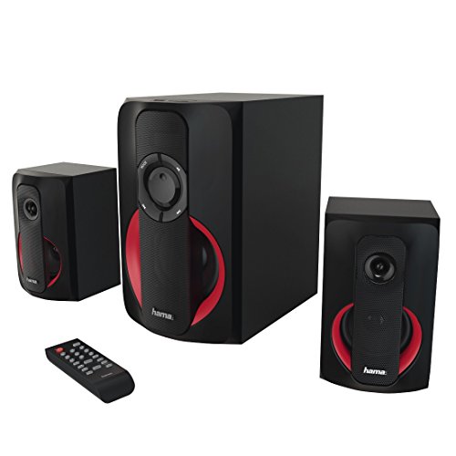 Hama 2.1 Soundsystem mit Fernbedienung, 80W „PR-2180“ (für TV/PC, Aktiv-Boxen mit Subwoofer, Bluetooth, USB-Anschluss, SD-Karten-Slot) Heimkino Lautsprecher-System schwarz/rot