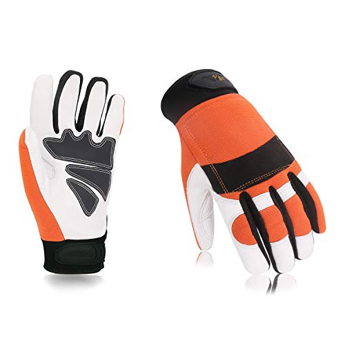 Vgo EN381-7, Klass 1, 20 m/s, Kettensägeschutzhandschuhe, Schnittschutz, hohe Anti-Schneidenferigkeit, aus Ziegenleder und PVC (1 Paar, 9/L, Orange, GA8912)