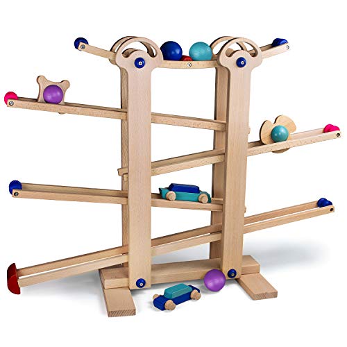 Kugelbahn aus Holz in schickem Retro Design - Premium Holzkugelbahn mit Zubehör in leuchtenden Farben - Murmelbahn Holz ab 1 Jahr - Spaß-, Lern- und Motorikspielzeug - Holzspielzeug von Lisa&Max