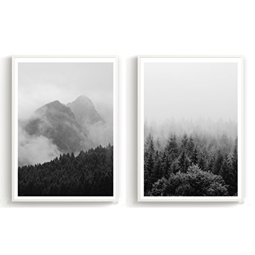 Made by Nami 2er Set Design-Poster 27x42cm Motiv Skandinavisch schwarz weiß Kunstdruck Premiumpapier Deko Wohnung Geschenk -ohne Rahmen- Wald
