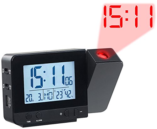 infactory Funk Projektionswecker: Projektions-Funkwecker, Thermo-/Hygrometer, 2 Weckzeiten, USB-Ladeport (Wecker mit mehreren Weckzeiten)