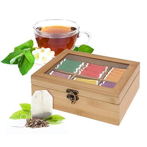 Oramics Teebox mit 6 Fächern im edlen Bambus Design - 21 x 7 x 16 cm (BxHxT) - Teekiste mit schönem Retro Verschluss Teekasten Tee Aufbewahrung für den intensiven Teegenuss