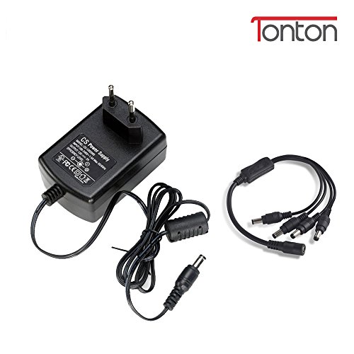 Tonton DC 12V 2A CCTV Kamera Netzteil EU Stecker (Schwarz) Power Supply Netzgerät für CCTV DVR/Kamera + 1 auf 4 Y-Splitter DC 12V Kabel Splitter 1 Buchse zu 4 Stecker für Überwachungskamera