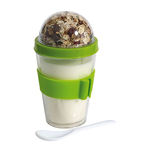 Müslibecher Müslibecher Joghurtbehälter Müslidose 2 go aufschraubbarer Deckel inkl Löffel Grün mit Halterung