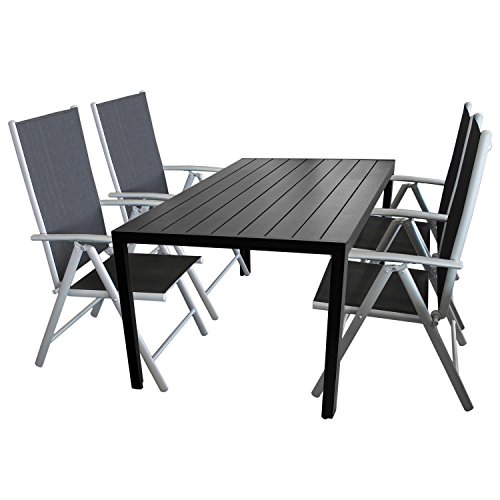 Multistore 2002 5tlg. Terrassenmöbel Set Sitzgruppe 4X Hochlehner Klappstuhl pulverbeschichtet Textilenbespannung + Gartentisch Aluminium Polywood/Non Wood Schwarz 150x90cm