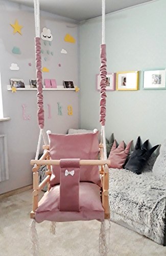 Iso Trade Babyschaukel Kinderschaukel Holz Stoff Babysitz Baby Schaukel zum Aufhängen 3 in 1 Rosa Grau 8336 , Farbe:Rosa