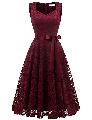 GardenWed Damen Elegant Spitzenkleid Strech Herzform Abendkleid Cocktailkleider Partykleider Burgundy L
