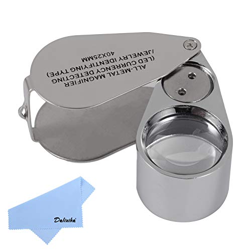 Delixike 40X Juwelierlupe, Metall faltbare Schmucklupe mit LED und UV-Licht für Steine, Diamanten, Juwelier, Münzen, Briefmarken (Gelderkennung/Schmuckkennzeichnung)