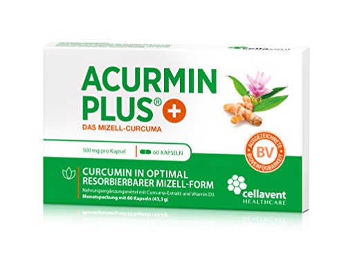 Kurkuma Kapseln hochdosiert von Acurmin PLUS: Das Mizell-Curcuma (Curcumin) mit Vitamin D3, OHNE Piperin/Bioperin/Pfeffer von Cellavent Healthcare GmbH - 60 Kapseln