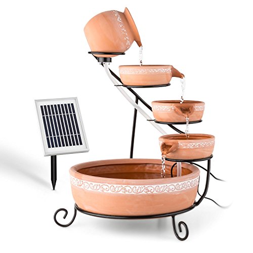 Blumfeldt Empoli Gartenbrunnen • Kaskadenbrunnen • Solarbrunnen • 5 Ebenen • Terrakotta Gefäße • Weinlaub Musterung • Umlaufpumpe • 200 Liter/h Durchfluss • 2 Watt Solarpanel • inkl. Erdspieß zur Befestigung • LED-Beleuchtung • witterungsbeständig • braun
