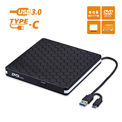 Externes CD DVD Laufwerk, Amicool USB 3.0 mit Type-C Portable DVD/CD Brenner und -Lesegerät/Plug&Play/niedriger Lärm/Slim Superdrive für Laptop, Desktop, Mac, Macbook, Ios, Windows 10/8/7/XP and Linux