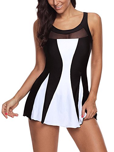 Azue Damen Badekleid Tankini Bauchweg Effekt Elegante Badeanzug mit Röckchen Schwimmkleid Schwarz u. Weiß (Einteilig) 44 (Etikett XL)