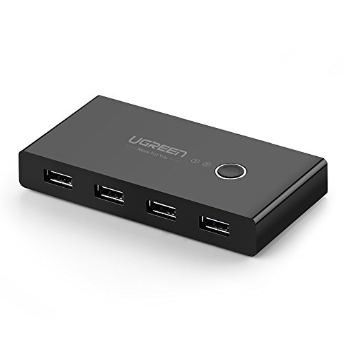 UGREEN USB 2.0 Switch 4 Ports für 2 PCs 2 In 4 Out Umschalter mit 2 USB 2.0 Kabel für Drucker, Scanner, Tastaturen, USB Sticks, externe Festplatten, Mäusen, Headsets usw Schwarz