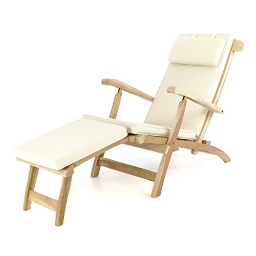 Divero Liege - Stuhl Deckchair Florentine Sonnenliege Steamer Chair mit Auflage Natur Creme