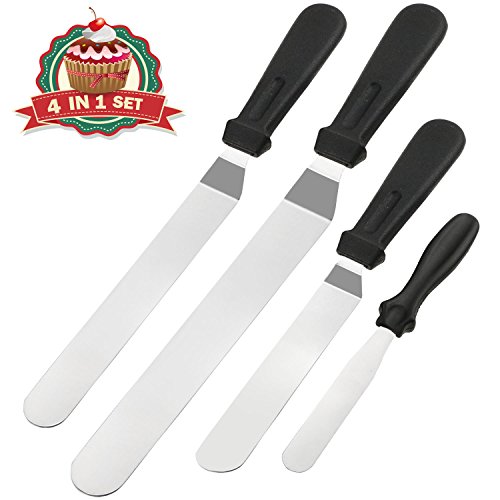 WisFox 4 Pack Winkelpalette Set - Streichpalette Edelstahl für Tortendeko Edelstahl Tortenmesser mit Schwarz Kunstoff Griffen - 10/15/20/25CM Icing Spatula Set für Torte Backen DIY
