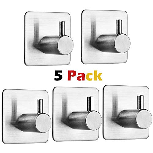 Auxmir Handtuchhaken 5 Pack Handtuchhalter Wandhaken Klebehaken Selbstklebend aus Edelstahl, Ohne Bohren, Rostfrei, Ideal für Bad Toilette Küche Büro, Silber