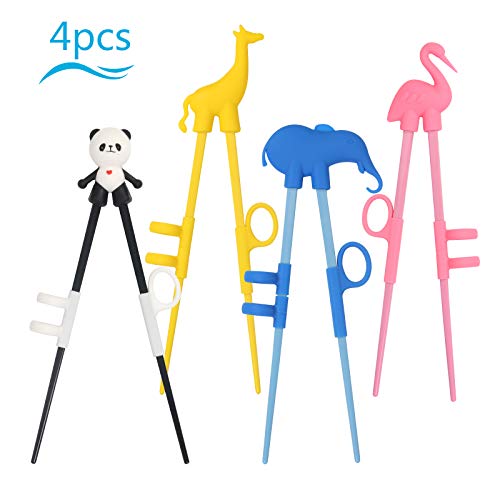 LANMOK 4 Paare Essstäbchen Kinder mit Helfer, Anfänger Training Chopsticks Chinesische Stäbchen Netter Tiere Besteck für Taufgeschenke Kindergeburtstag