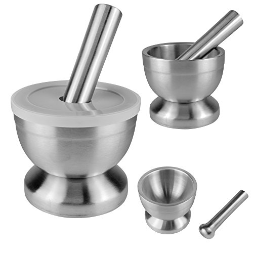 BAYLI - Edelstahl Mörser mit Stößel & Deckel | Massiver Gewürzmörser für die Küche | Bruchfeste Kräutermühle | Gewürzmühle für Kräuter und Gewürze | Tabletten zerkleiner | Tablettenmörser | KitchenAid