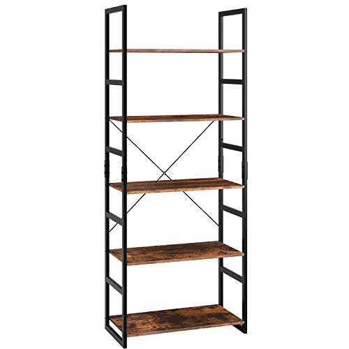 Homfa Standregal Bücherregal mit 5 Etagen Hochregal Aufbewahrungsregal Pflanzenregal Balkonregal Blumrenregal Badregal aus Metall und Holz Vintage Industrial schwarz 158x60x30cm