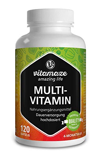 Multivitamin Kapseln hochdosiert, 23 wertvolle Vitamine A-Z, Mineralien, Mineralstoffe und Spurenelemente, 120 vegetarische Kapseln für 4 Monate OHNE Zusatzstoffe, Qualitätsprodukt-Made-in-Germany